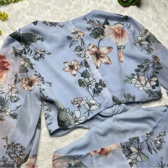 Bardot x Revolve Cutout Floral Frill Long Bell Sleeve Mini Dress in Blue Pink 6 - Picture 8 of 15